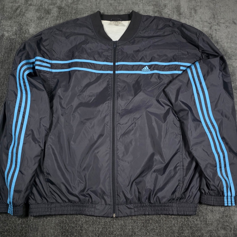 Vintage Y2K Adidas Windbreaker Jacket Navy Blue 3 Stripe Full Zip Mens 2XL XXL